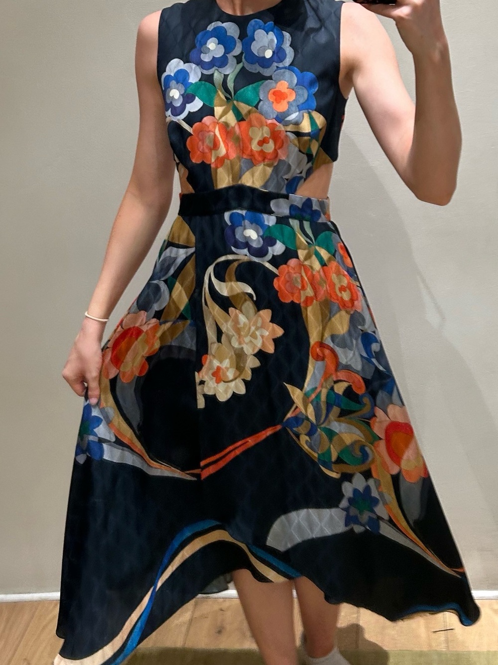 ISO: Fendi Floral Cutout Midi Dress in Navy and Multicolor